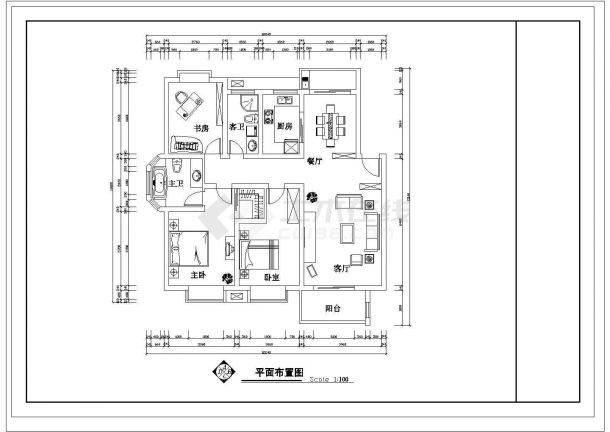 某CAD全套平立面方案套房户型1个【3室2厅2卫1阳台、长13.14米、宽12.24米】-图一