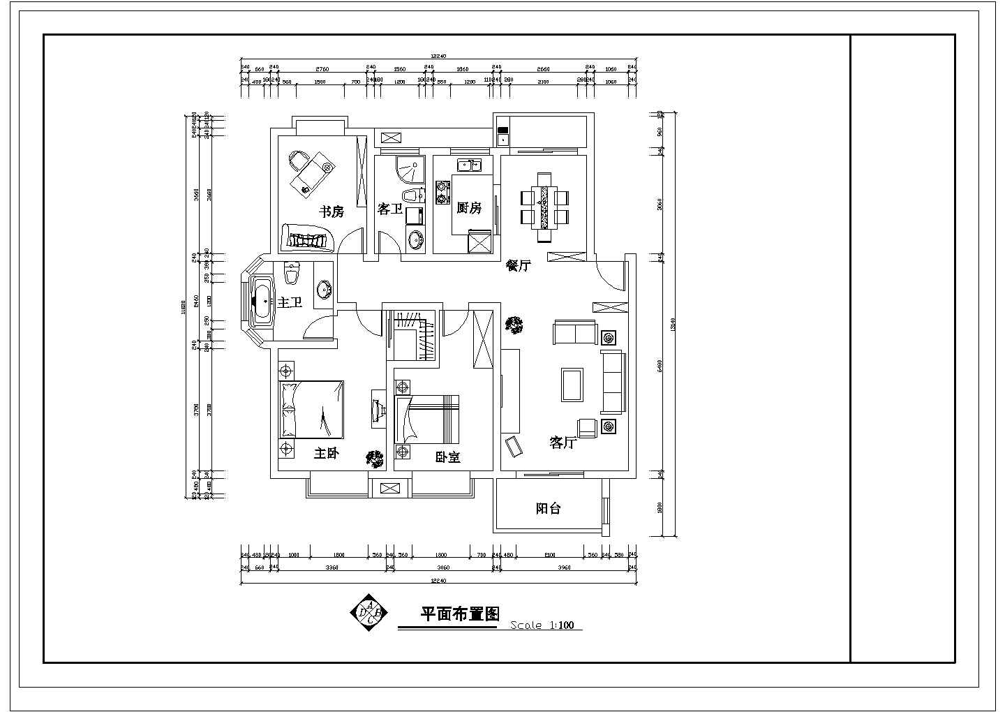 某CAD全套平立面方案套房户型1个【3室2厅2卫1阳台、长13.14米、宽12.24米】