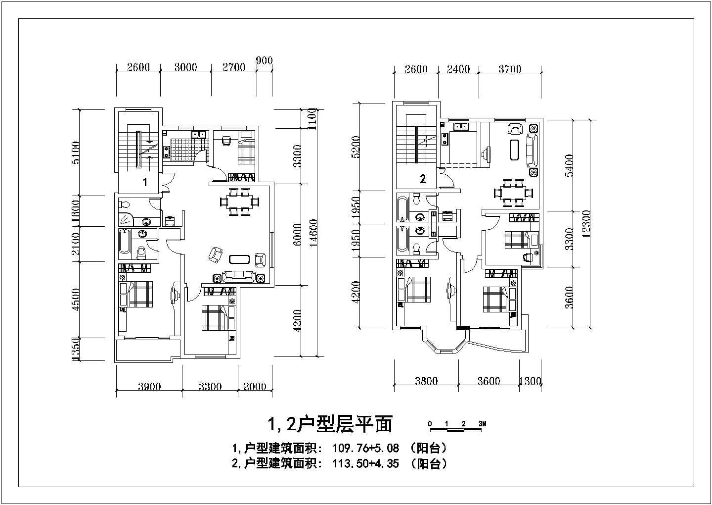 某CAD详细节点方案3室2厅2卫1阳台户型设计【面积114.84平米 117.85平米】