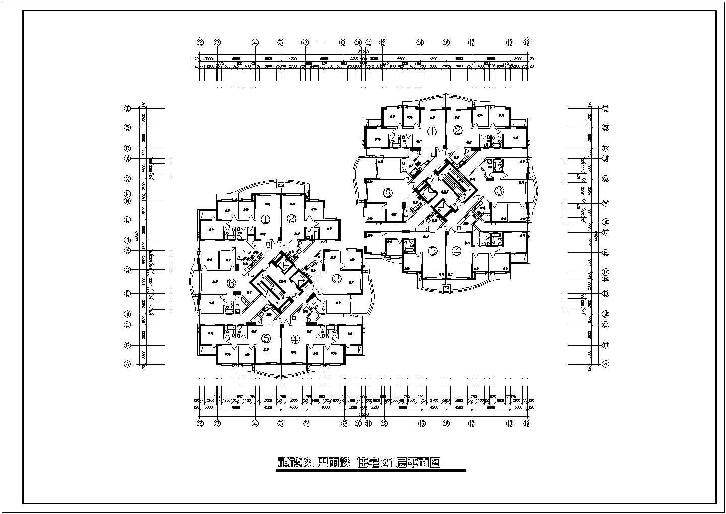 某CAD完整平面节点方案-高层住宅户型楼层平面图【1楼梯2电梯6户 2个组合 2室2厅 3室2厅 110至135平米之间】