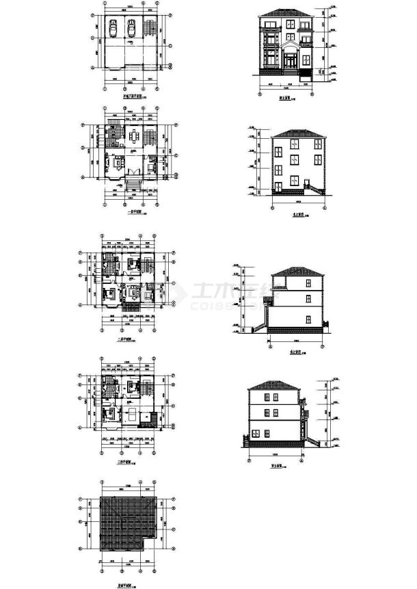 三层半别墅住宅楼建筑设计施工cad图纸，共九张-图一