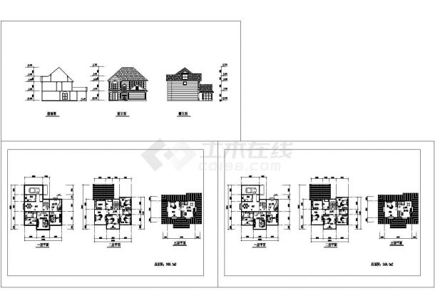 某三层砖混结构现代风格私人别墅（建筑面积349.7平方米）设计cad全套建筑方案图纸（甲级院设计）-图一