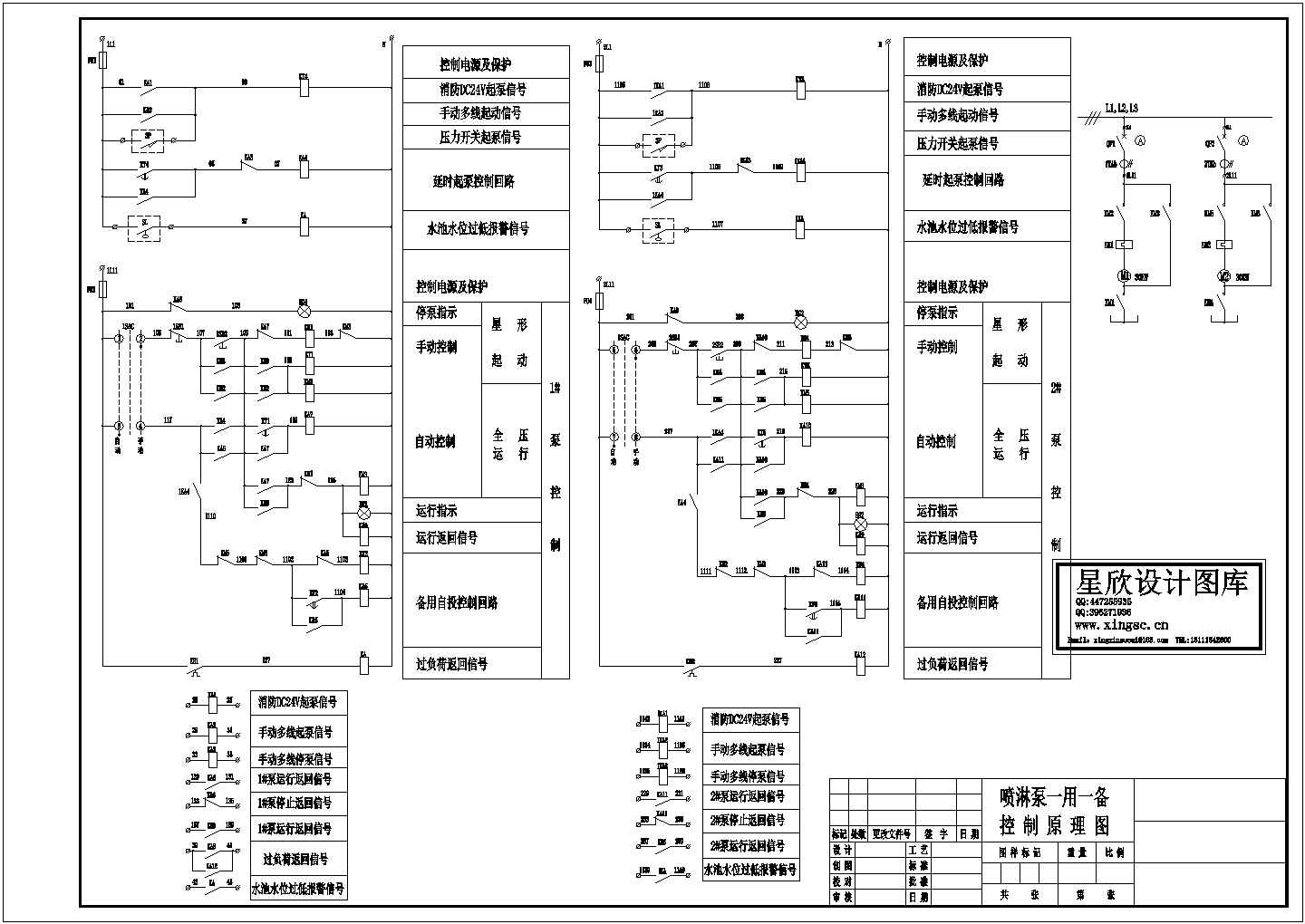 某标准型号喷淋水泵一用一备设备电气控制原理设计cad图纸