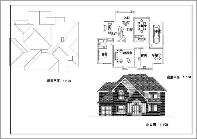 某框架结构二层简欧别墅设计层cad建筑方案图纸_图1