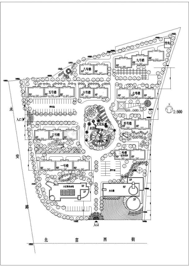 韶山市文沁花苑小区总平面规划设计cad图纸占地45亩