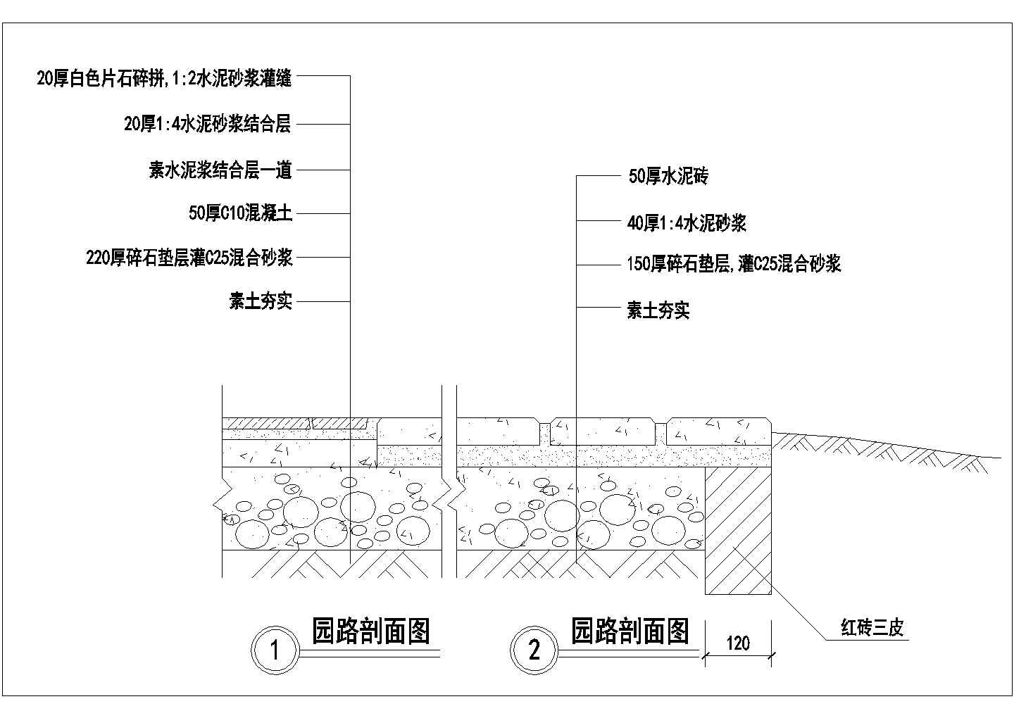 某园林广场工程园路规划设计cad剖面施工详图（含6种类型设计）