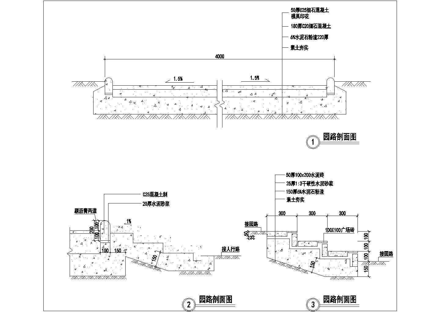 经典园路规划设计cad剖面施工详图（含6种类型设计）