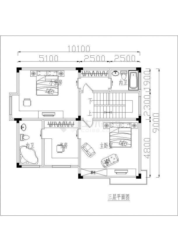 咸阳市天馨花园小区3层混合结构独栋别墅平面设计CAD图纸-图二