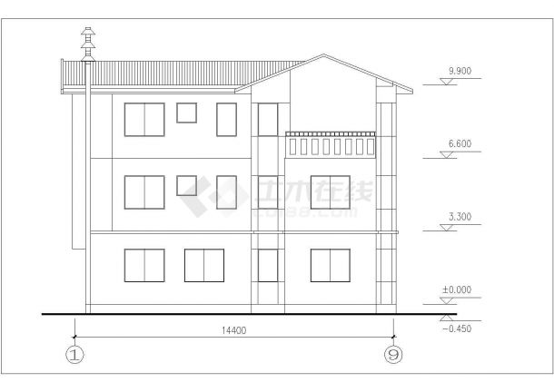 聊城市某村镇三层砖混结构单体乡村别墅建筑设计CAD图纸（含效果图）-图二