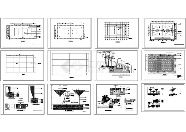 某学校篮球场羽毛球网球场建筑设计施工CAD全套图纸-图一