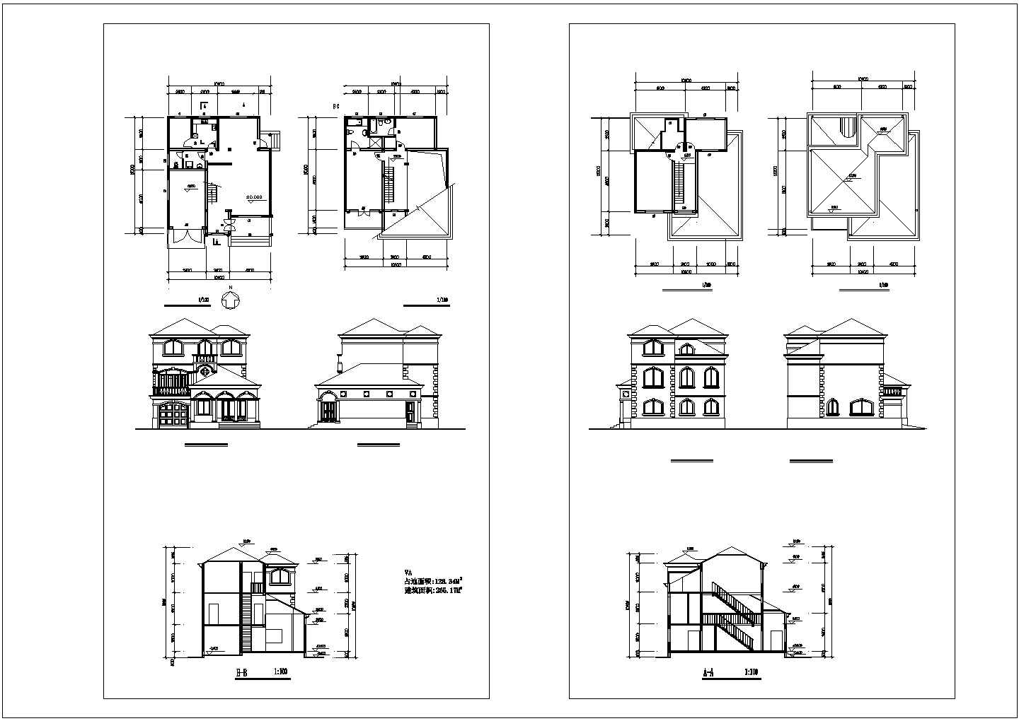 三层小别墅整套cad建筑设计施工图(造型漂亮大气)