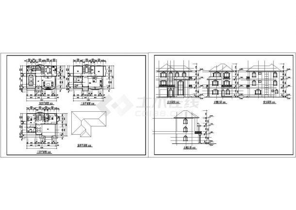 三层别墅建筑施工cad图（带效果图，共八张）-图二