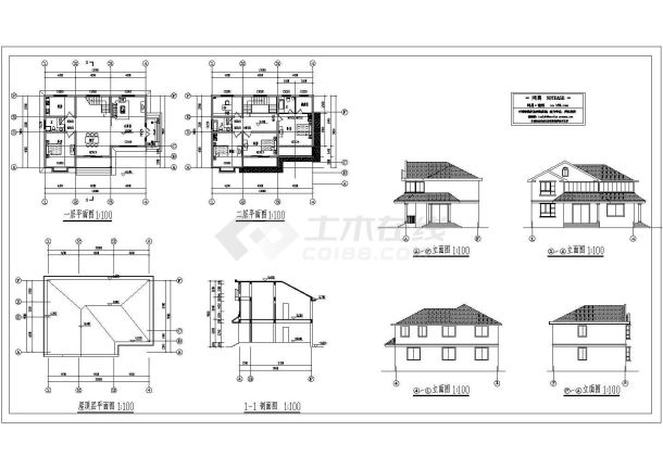 某二层乡村现代风格别墅建筑施工cad图(带效果图，共八张)-图二