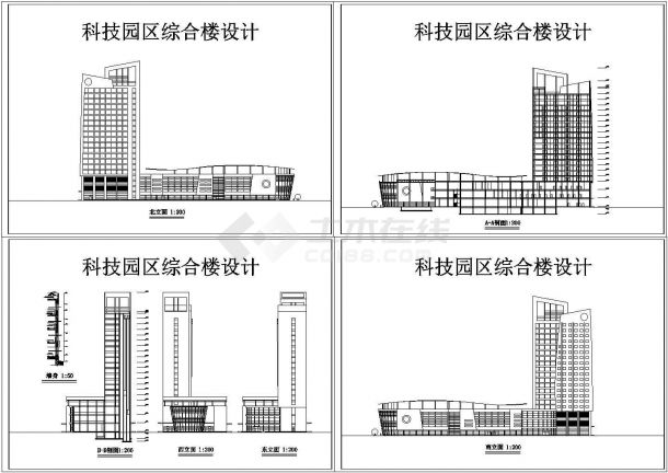 某小高层框架结构科技园综合楼设计cad立剖面建筑方案图（甲级院设计）-图一