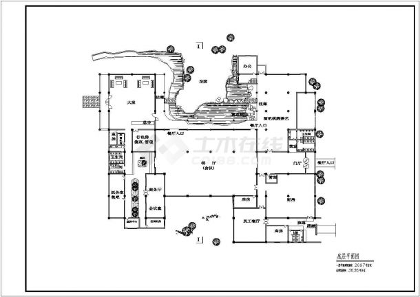 某新徽派园林酒店会所设计cad建筑平面施工图（含效果图）-图二
