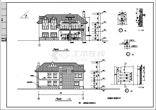 三套二层带阁楼小别墅建筑施工cad图，共八张-图二