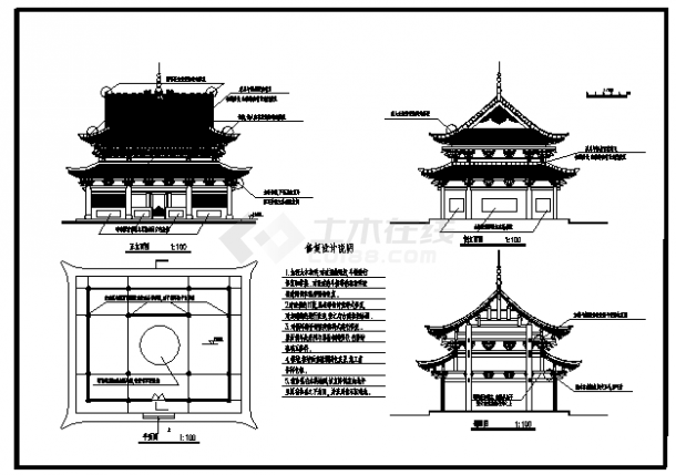 单层寺庙古药师殿建筑施工cad图，共三张-图二