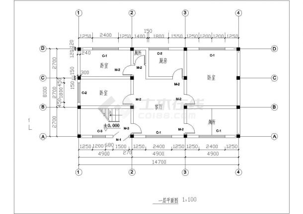 250平米2层钢混框架结构单体别墅建筑结构设计CAD图纸-图二