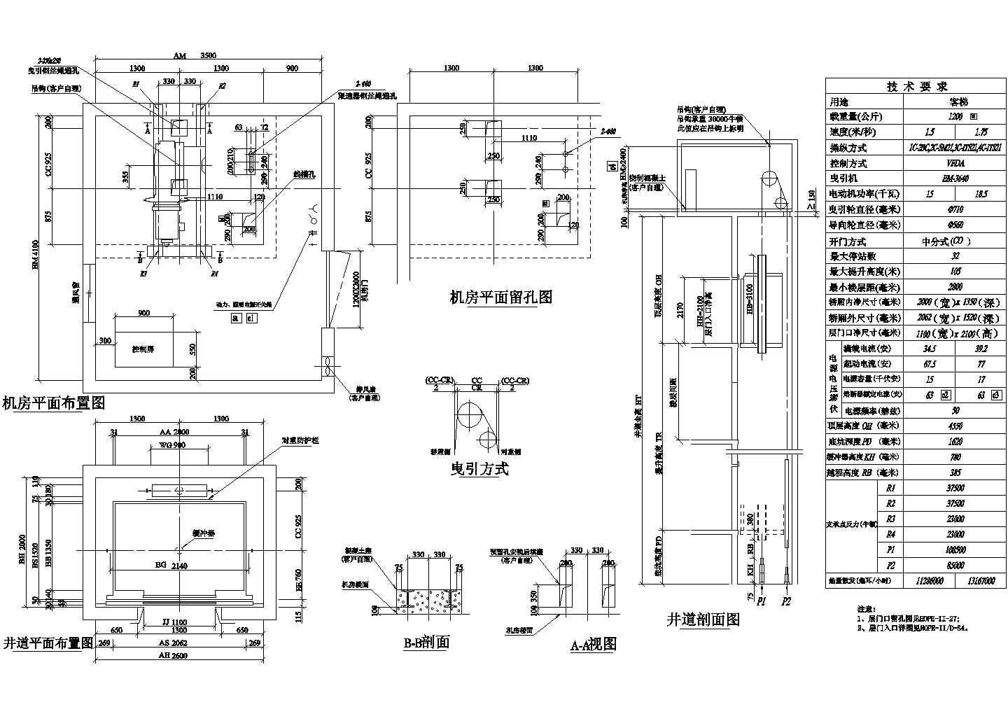 乌鲁木齐某三星级大酒店18吨级客梯建筑设计CAD施工图（1.5米速度）