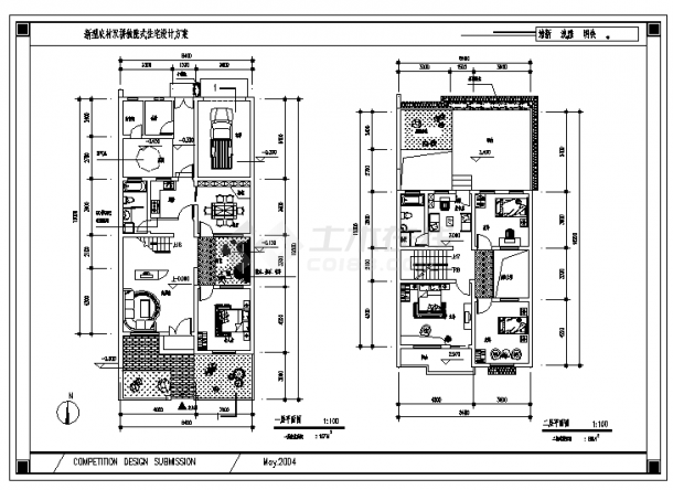某市二层带阁楼新型农村双拼独院式住宅建筑施工cad图，共六张-图二