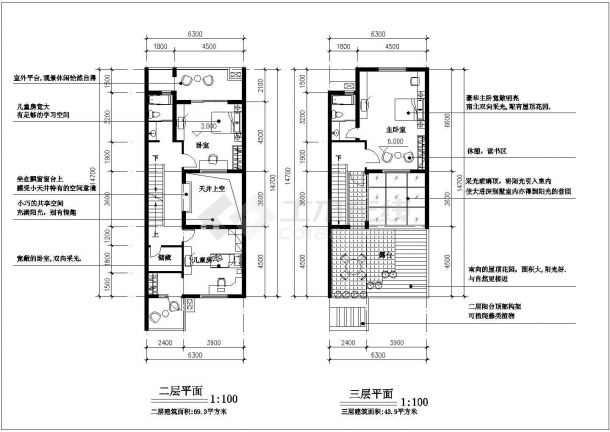 3层砖混结构双拼式别墅建筑设计CAD图纸（每户195平米/含总图）-图二