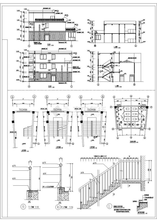 江南花苑小区1100平米3层框架结构娱乐会所建筑设计CAD图纸-图二