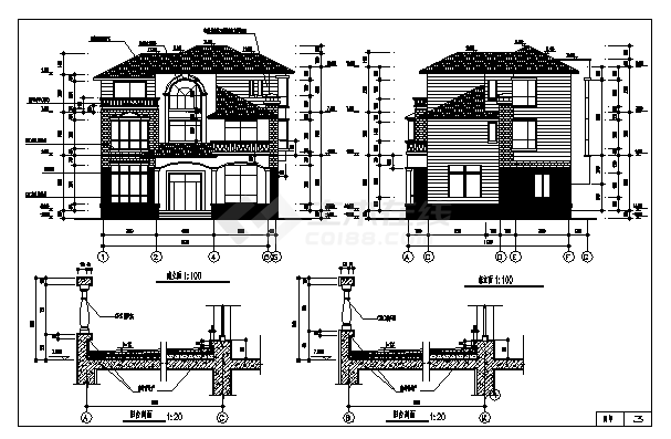 三层坡面别墅建筑施工cad图，共四张-图二