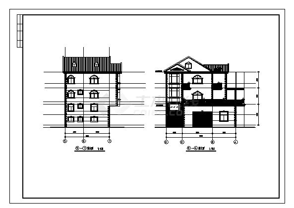 三层带夹层钢筋混凝土框架结构别墅建筑施工cad图，共五张-图一