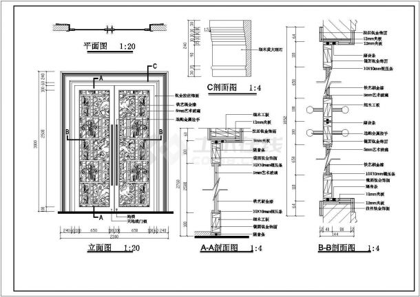 某标准型现代娱乐城双开玻璃推拉门装修详细设计施工CAD图纸-图一