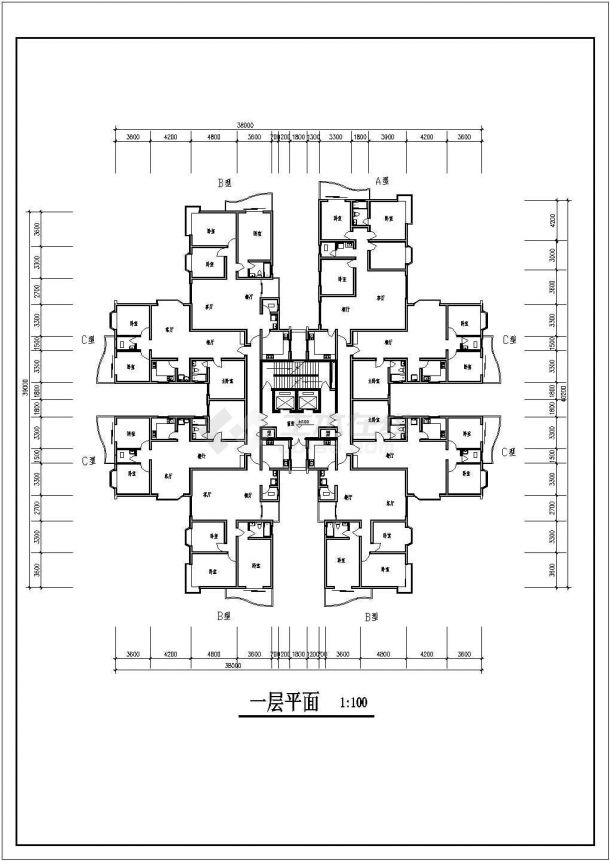 某一梯八户高层住宅楼设计cad建筑方案图（标注详细）-图二