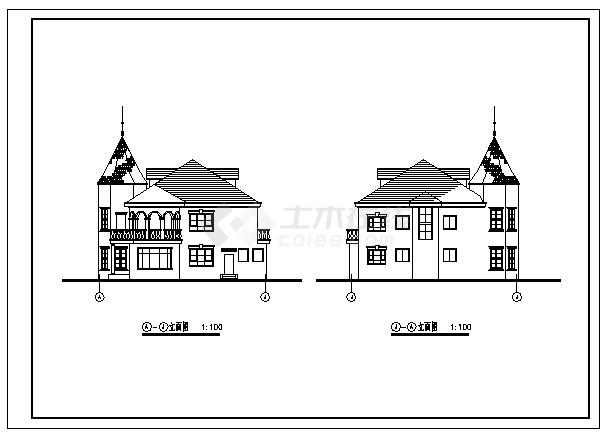 三层欧式风格别墅建筑施工cad图，共八张-图一