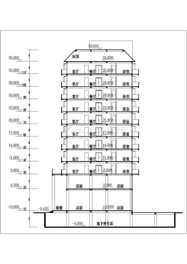1.2万平米11层框架结构商住楼建筑设计CAD图纸（含闷顶层/1-2层商用）-图一