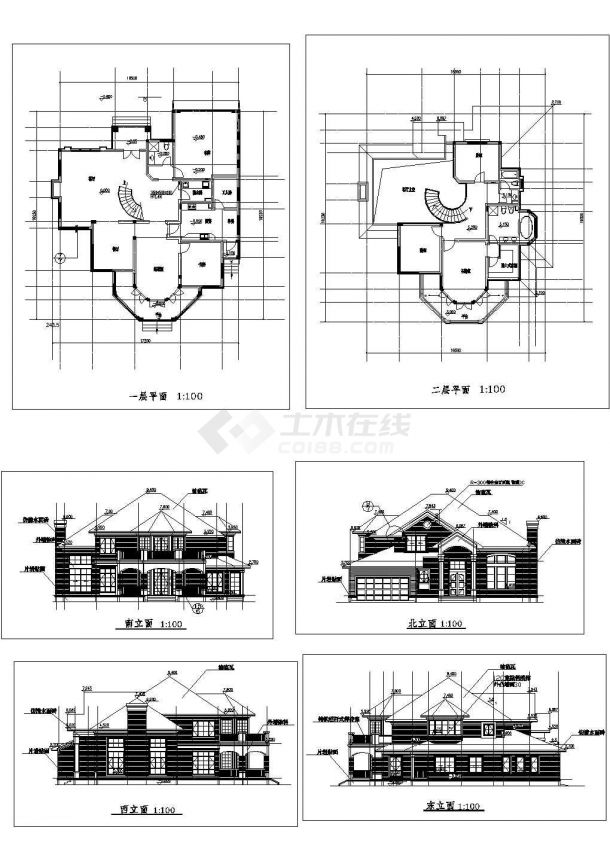 某二层砖混结构欧式风格单体私人别墅设计cad全套建筑方案图纸（甲级院设计）-图二