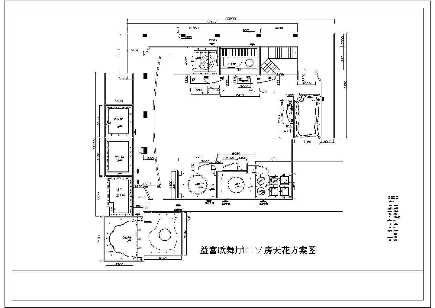 益富歌舞厅KTV包间装修设计cad全套施工图（标注详细）