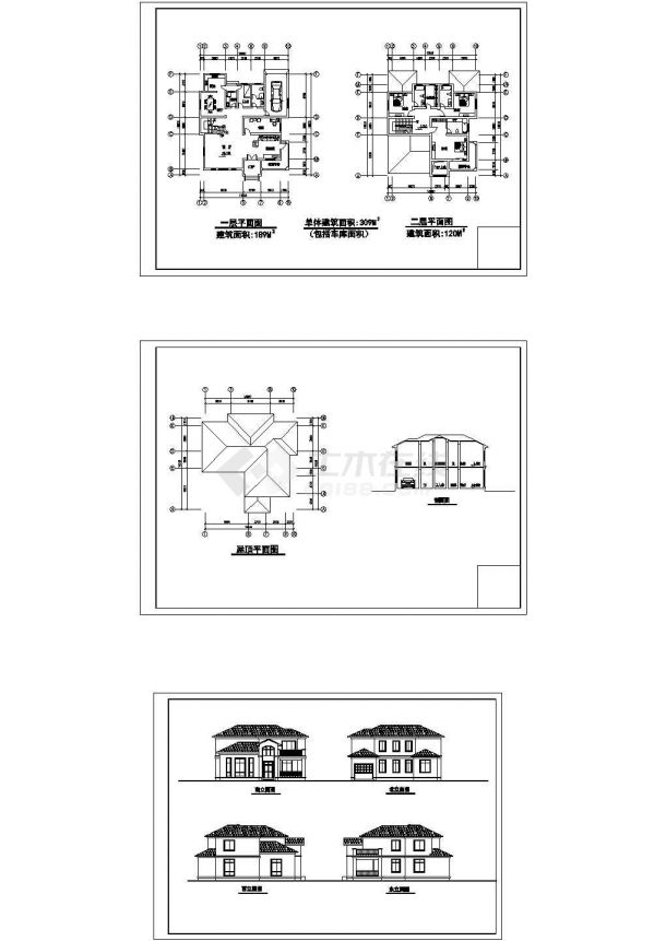 某二层砖混结构欧式风格私人别墅（建筑面积309平方米）设计cad全套建筑施工图纸（标注详细）-图一