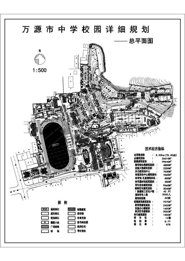 某中学校园规划设计cad总平面施工图（含经济技术指标，含4个设计）-图二