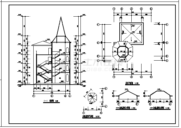 453平方米某四层山庄E型复式洋楼建筑施工cad图，共七张-图一