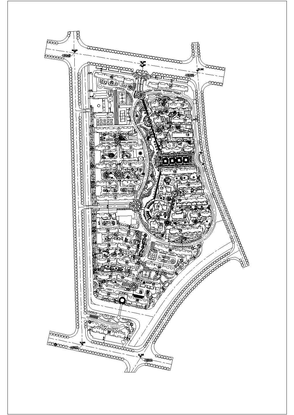 某不规则地块住宅小区景观设计CAD总平面施工图纸（标注详细）