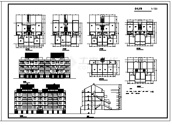 某四层带地下层住宅楼建筑施工cad图(含六套设计图，共六张)-图一