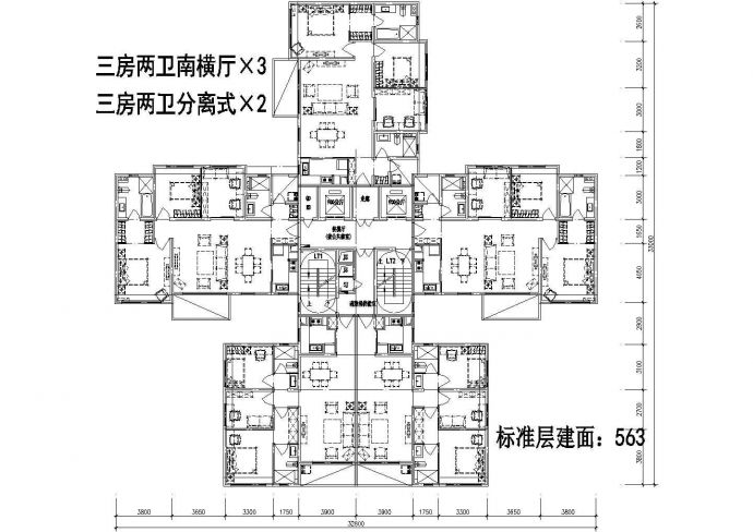 563平方米高层一梯五户住宅户型设计cad图(含效果图)_图1