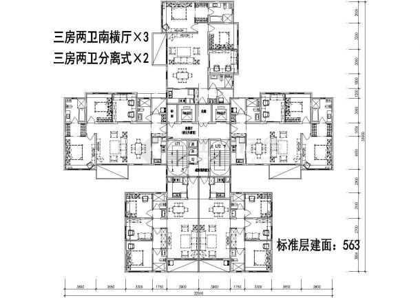 563平方米高层一梯五户住宅户型设计cad图(含效果图)-图二