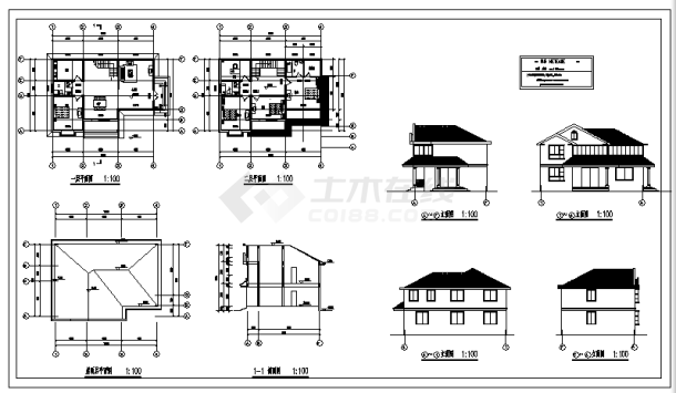 二层乡村别墅建筑施工cad图(带效果图，共八张)-图一