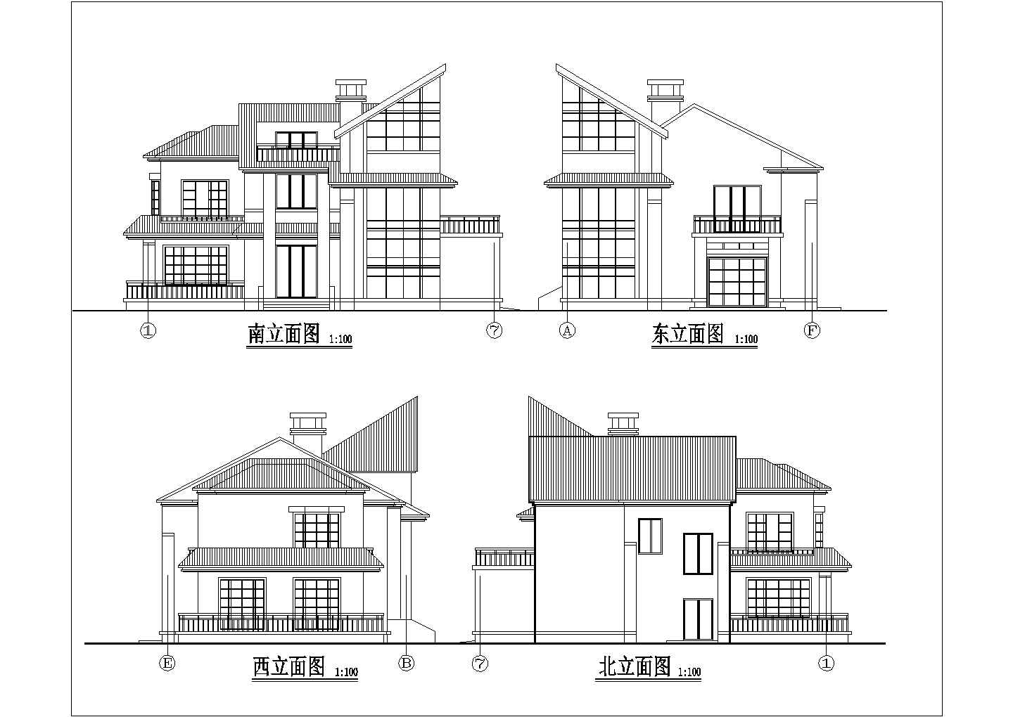 某二层砖混结构斜屋顶别墅设计cad全套建筑施工图（含总平面图）