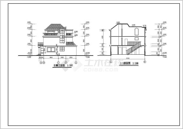 某二层带阁楼层框混结构欧式风格小别墅设计cad建筑方案图（标注详细）-图二