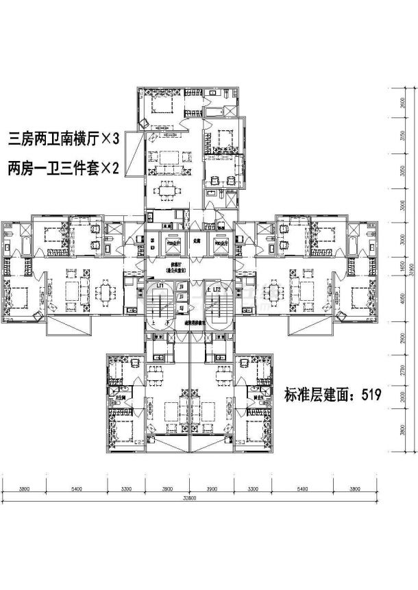 519平方米高层一梯五户住宅户型设计cad图(含效果图)-图二