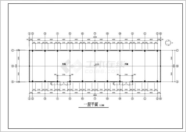 某一层框架结构工业车间设计cad建筑方案图-图二