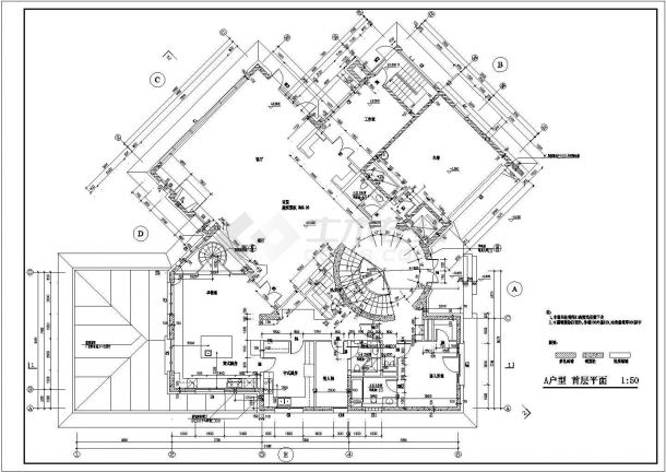 某三层框架结构简欧小别墅设计cad建筑方案图（标注详细）-图一