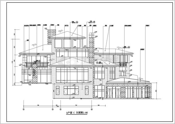 某三层框架结构简欧小别墅设计cad建筑方案图（标注详细）-图二
