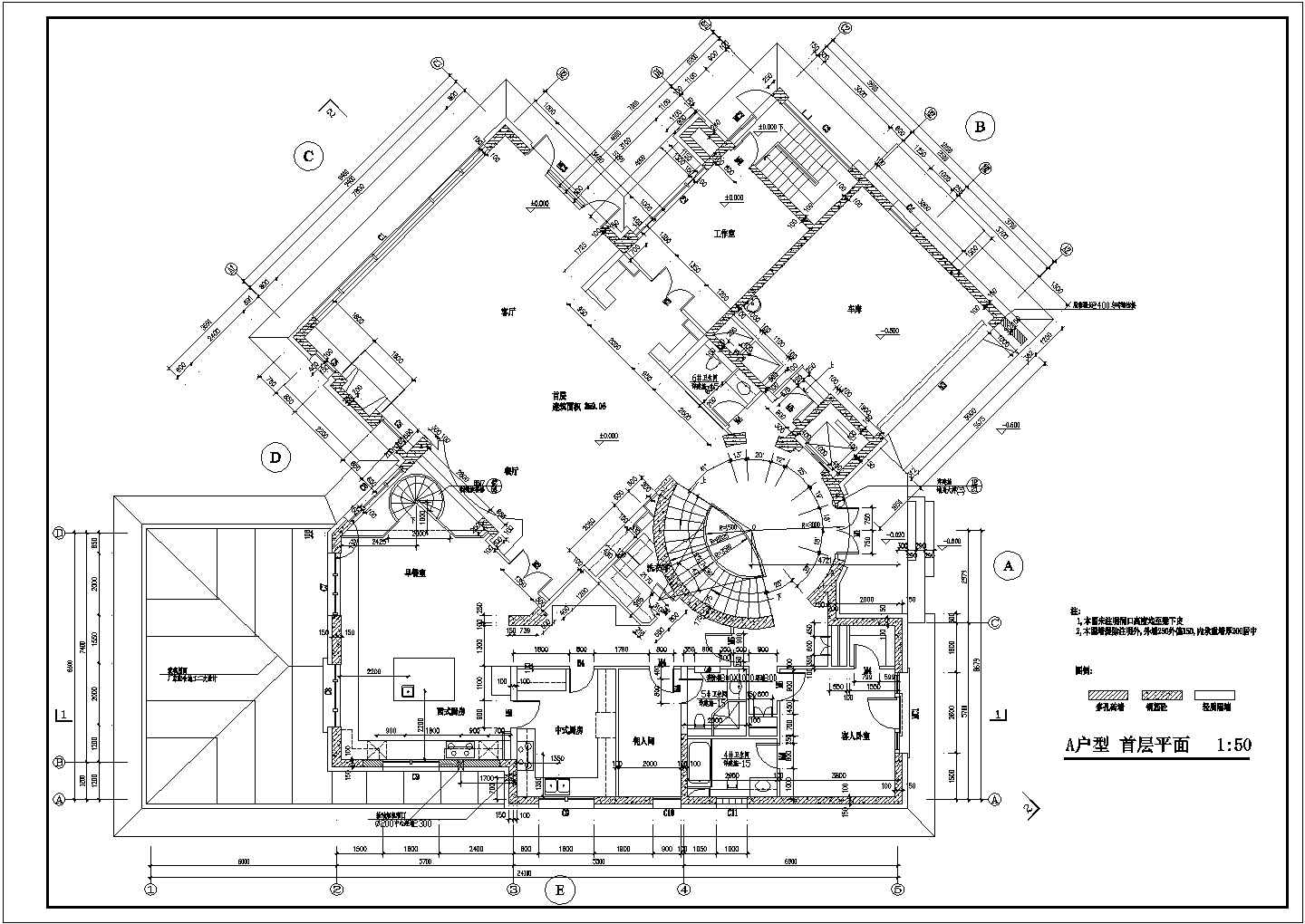 某三层框架结构简欧小别墅设计cad建筑方案图（标注详细）