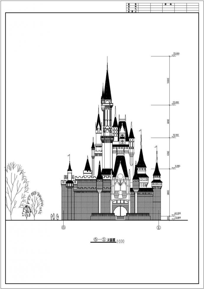 某一层框架结构欧洲风格城堡设计cad建筑方案图纸 (标注详细)_图1